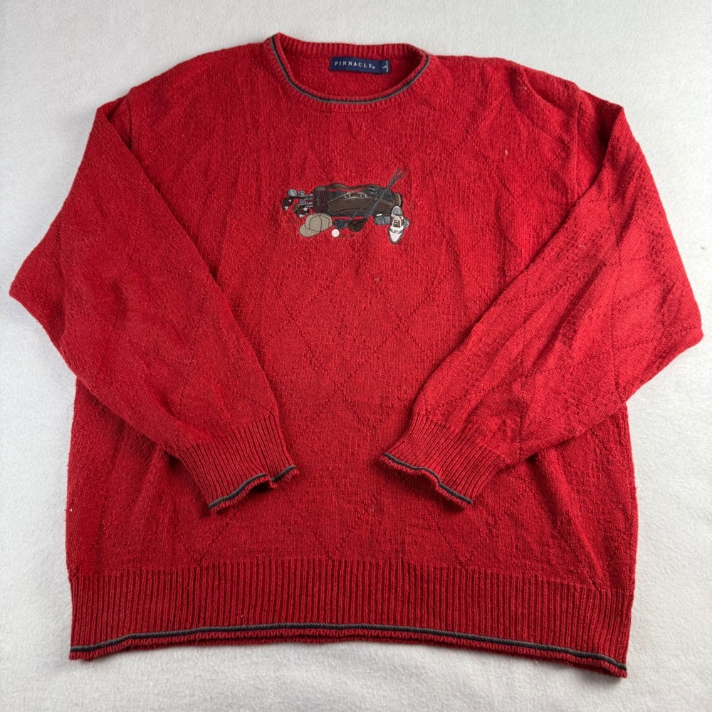 Pinnacle Mens Red Golf Embroidered Diamond Textured Crewneck Sweater Large USA